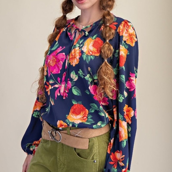 New Easel Women's Floral Tie Neck Blouse Pullover Woven Long Sleeve Small BLUE - Picture 3 of 10